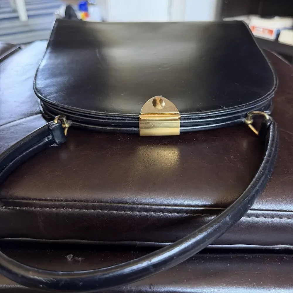 Leather Top Handle Bag Womens Medium Black Gold Hardware Formal Evening Purse